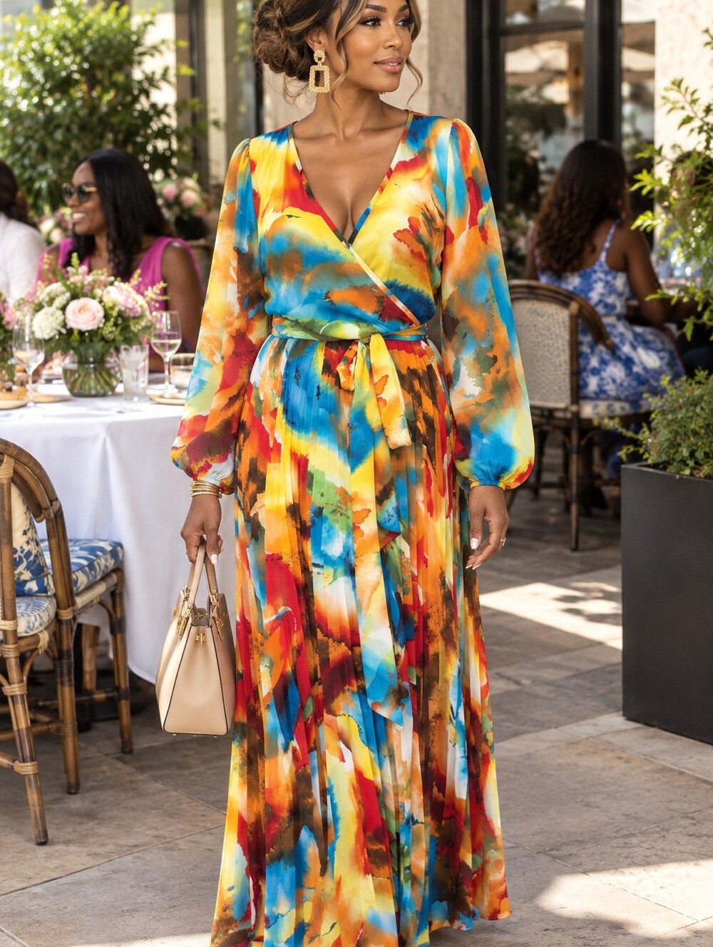 Multicolor Watercolor Wrap Maxi Dress with Tie Waist